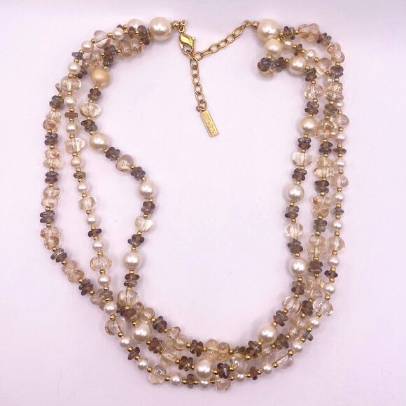 Vntg Napier Signed Three Strands Necklace Faux Pearls and Quartz Beads - Picture 3 of 5